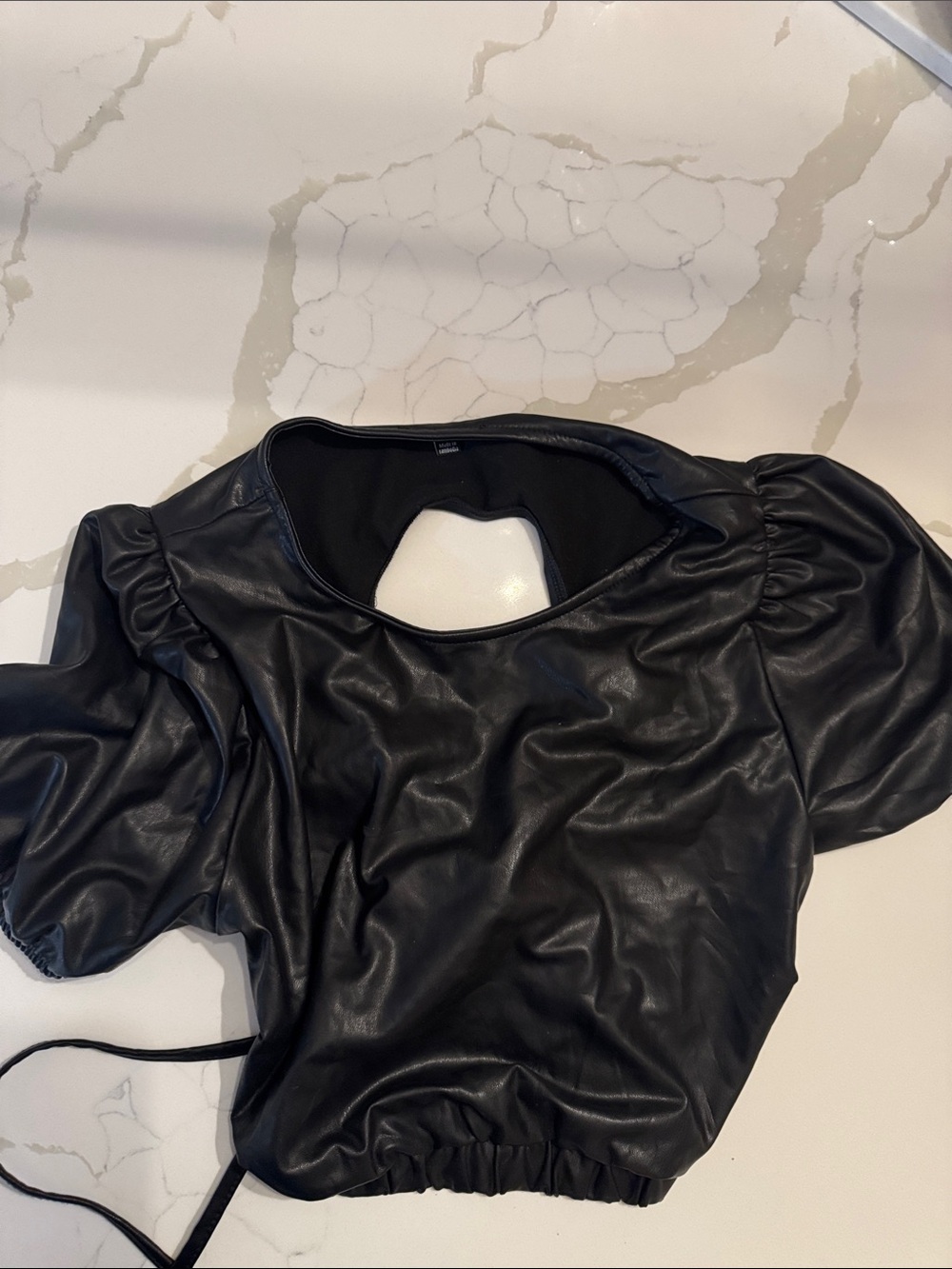 WOMEN Puff Sleeve Faux Leather Top - Black